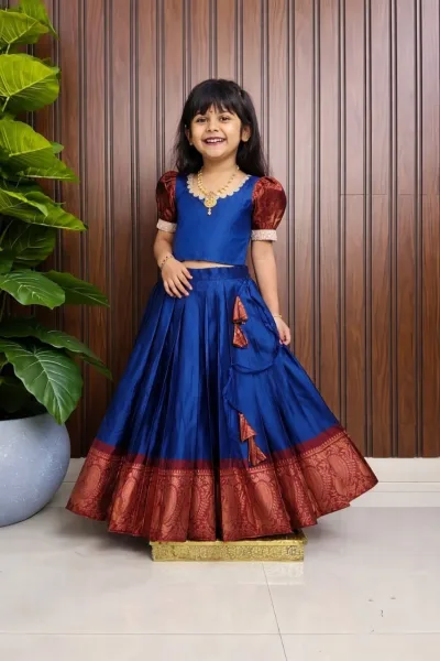 Royal Blue Lichi Silk Kids Lehenga